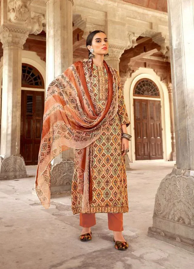 Printed Pashmina Orange Winter Unstiched Ladies Suits