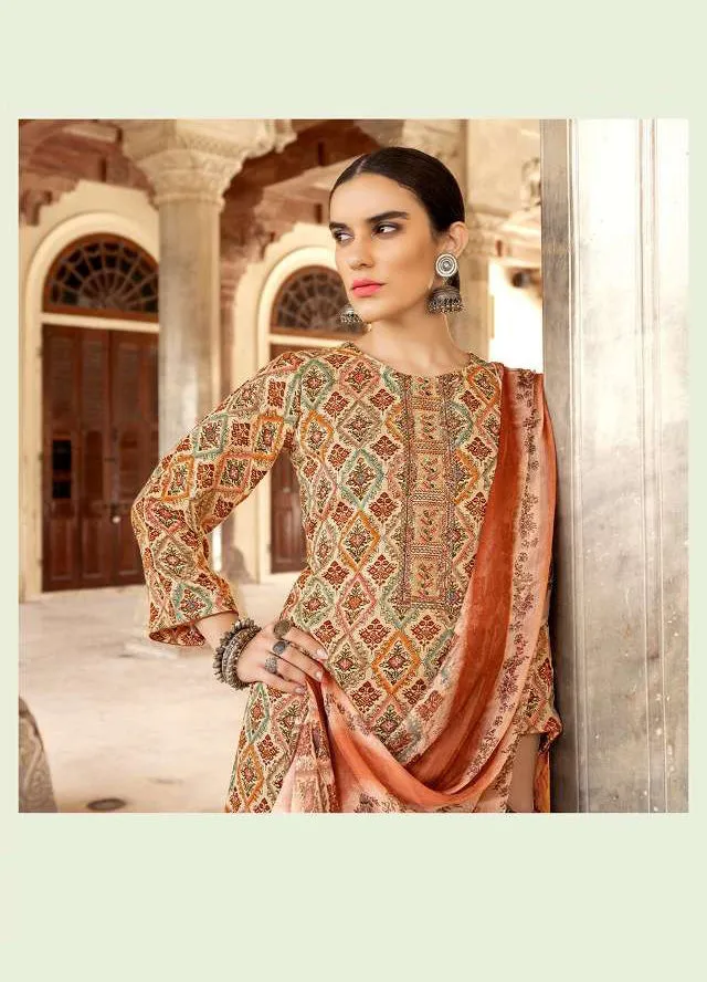 Printed Pashmina Orange Winter Unstiched Ladies Suits