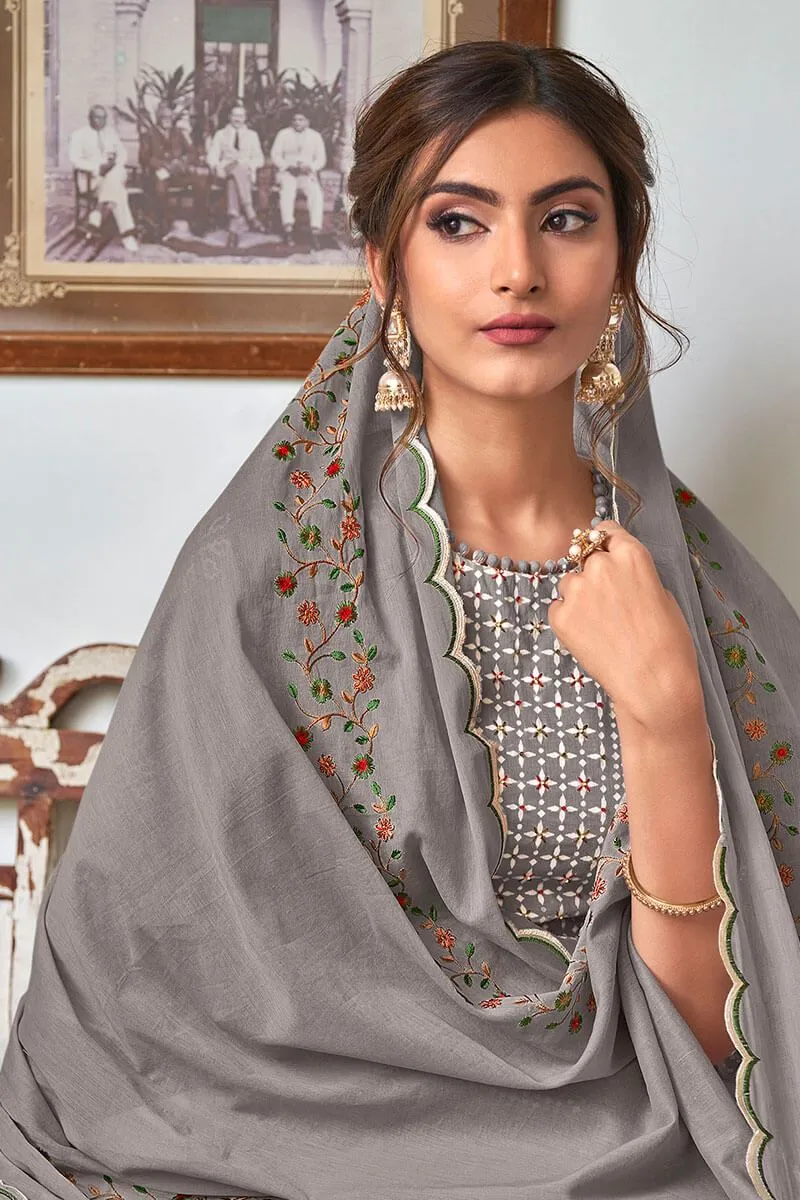 Pure Cotton Grey Unstitched Printed Salwar Suit Material