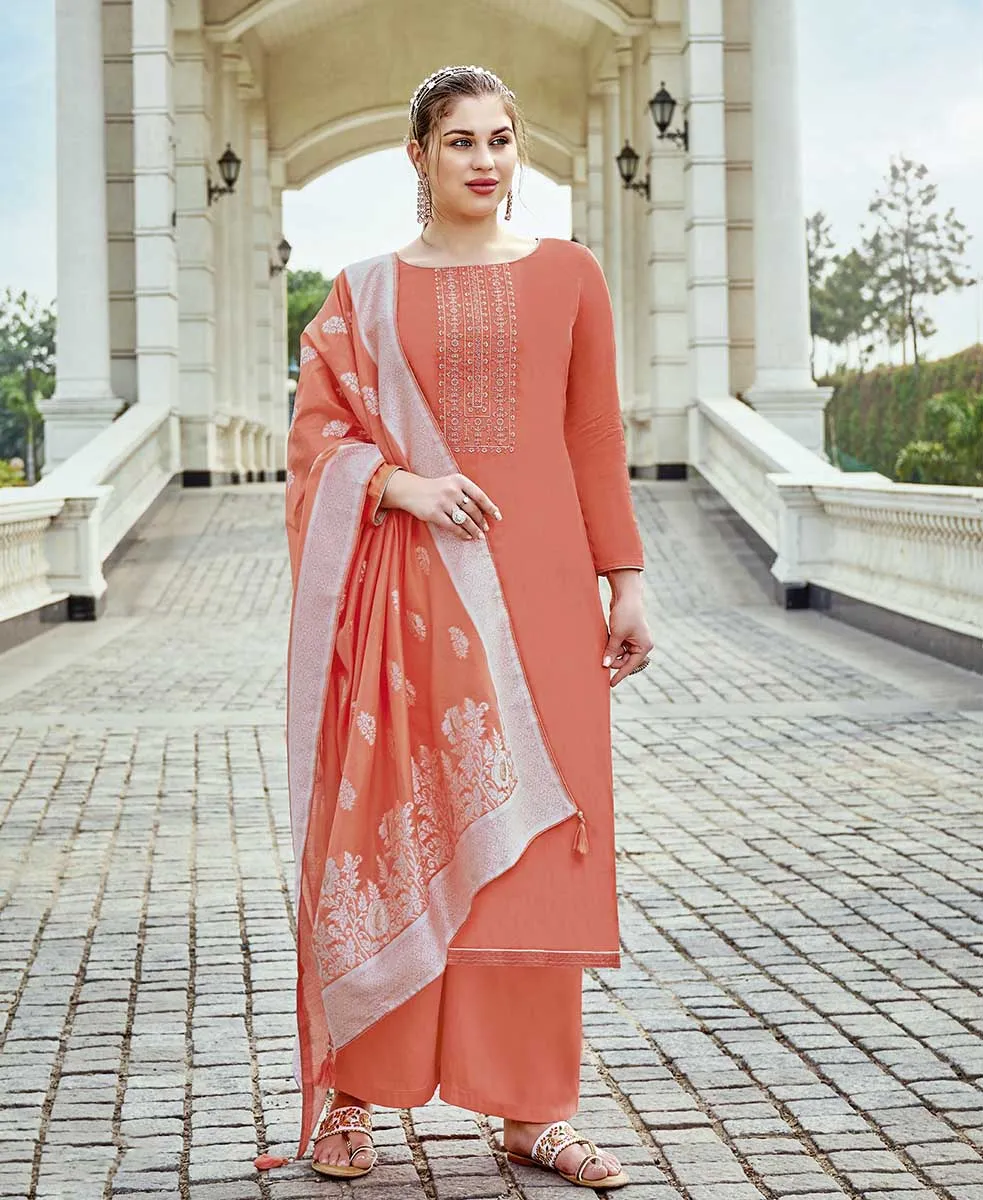 Pure Cotton Orange Unstitched Suit Material with Lucknowi Work