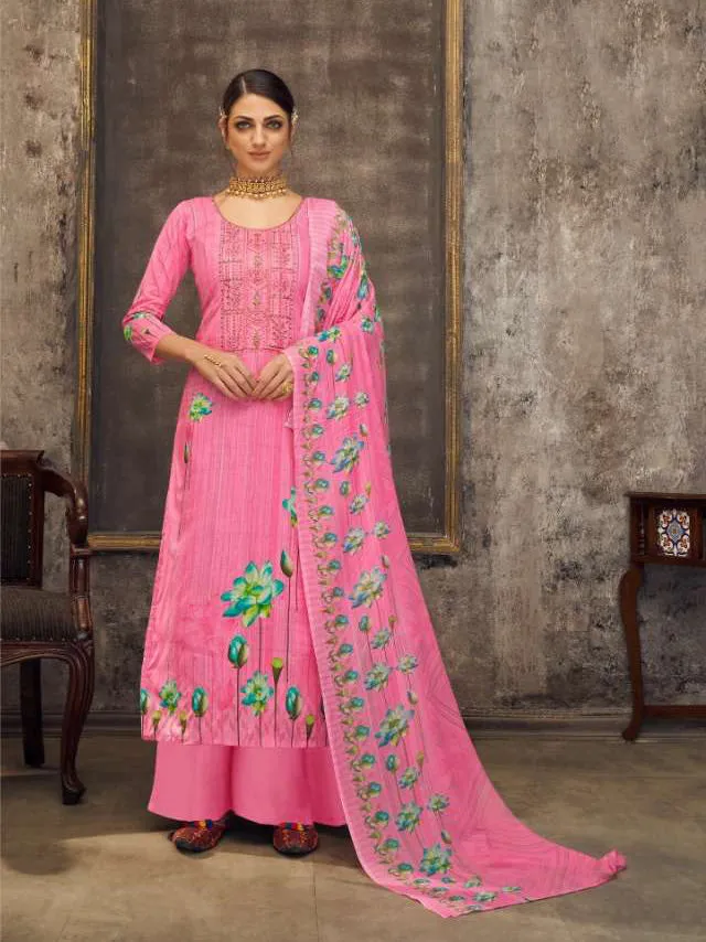 Pure Cotton Unstitched Pink Suit Set Dress Material With Embroidery