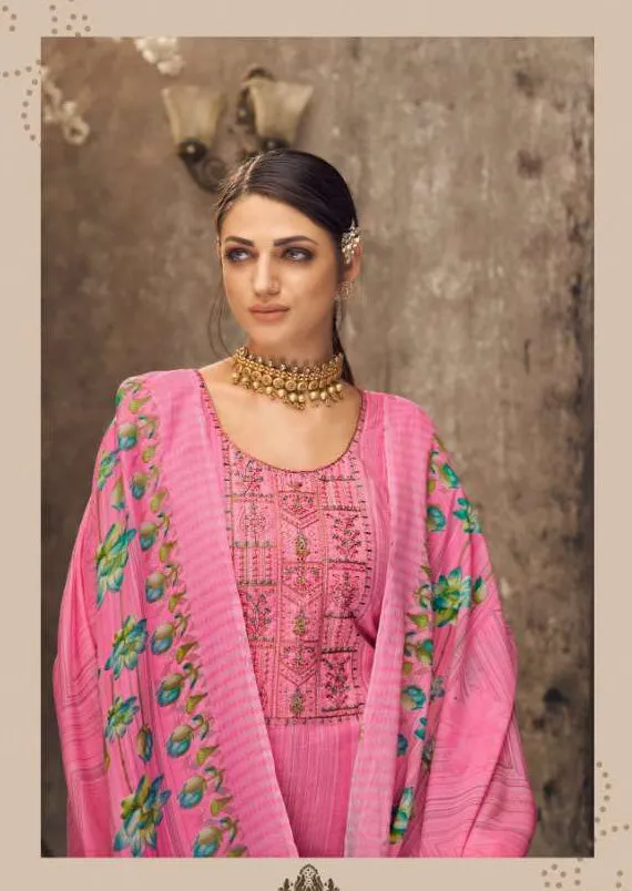 Pure Cotton Unstitched Pink Suit Set Dress Material With Embroidery