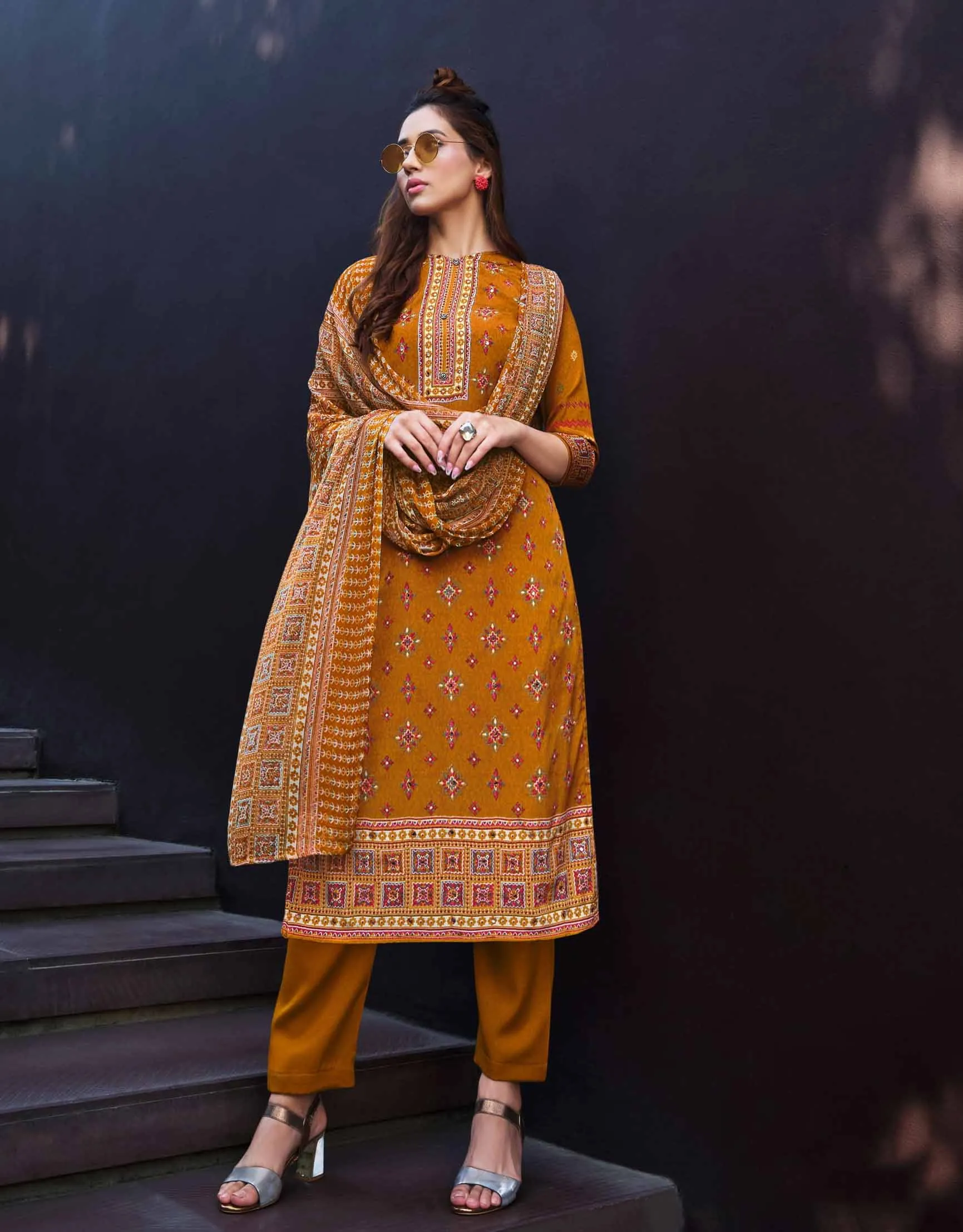 Pure Crepe Unstitched Women Suits Mustard Yellow Dress Material