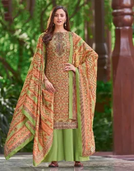 Pure Wool Pashmina Green Winter Unstitched Suits with Shawl