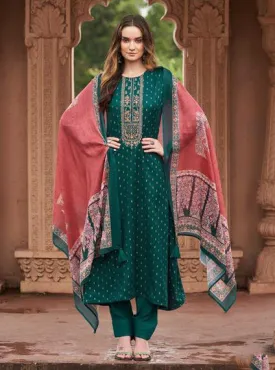 Sadhana Unstitched Green Pashmina Winter Suit for Ladies