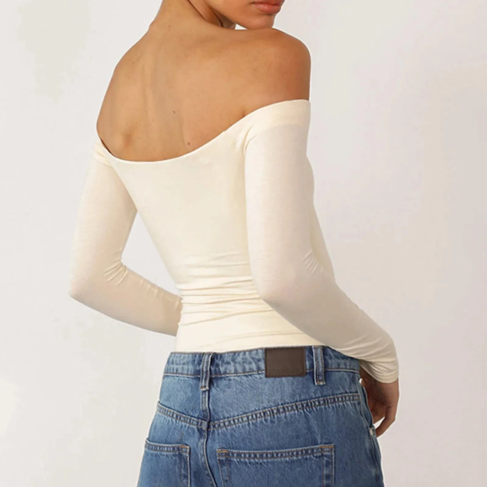 Spring Summer Off Shoulder Cropped Long Sleeve Slim Solid Color Y2k T-shirt