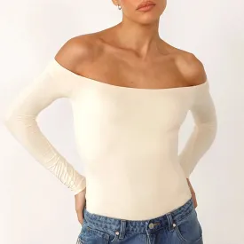 Spring Summer Off Shoulder Cropped Long Sleeve Slim Solid Color Y2k T-shirt