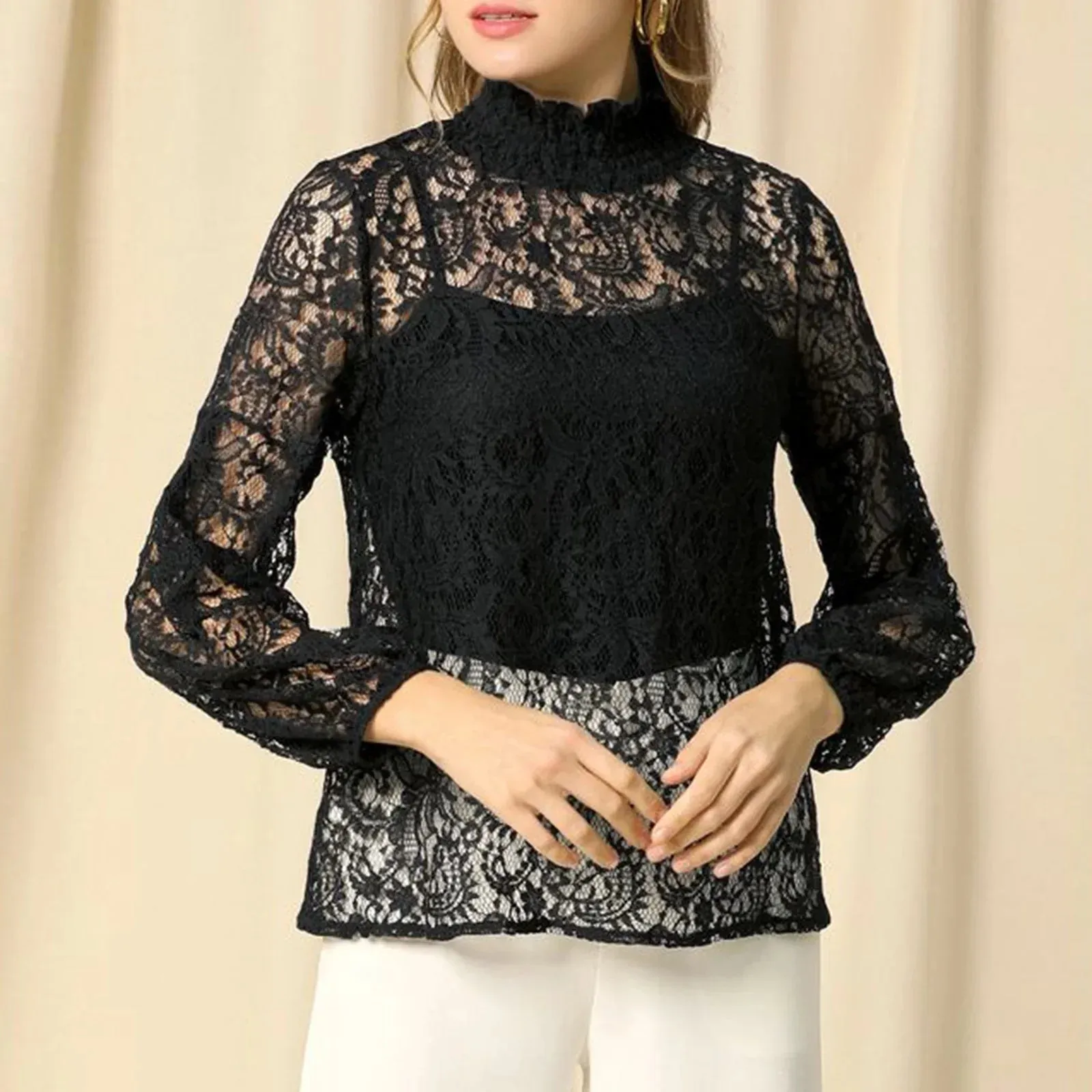 Spring Summer T-shirt Long Sleeve Turtleneck See-through Lace Floral Sheer Clubwear Elegant T-shirt