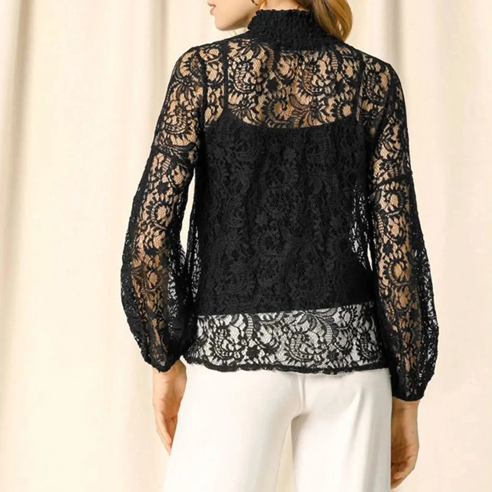 Spring Summer T-shirt Long Sleeve Turtleneck See-through Lace Floral Sheer Clubwear Elegant T-shirt