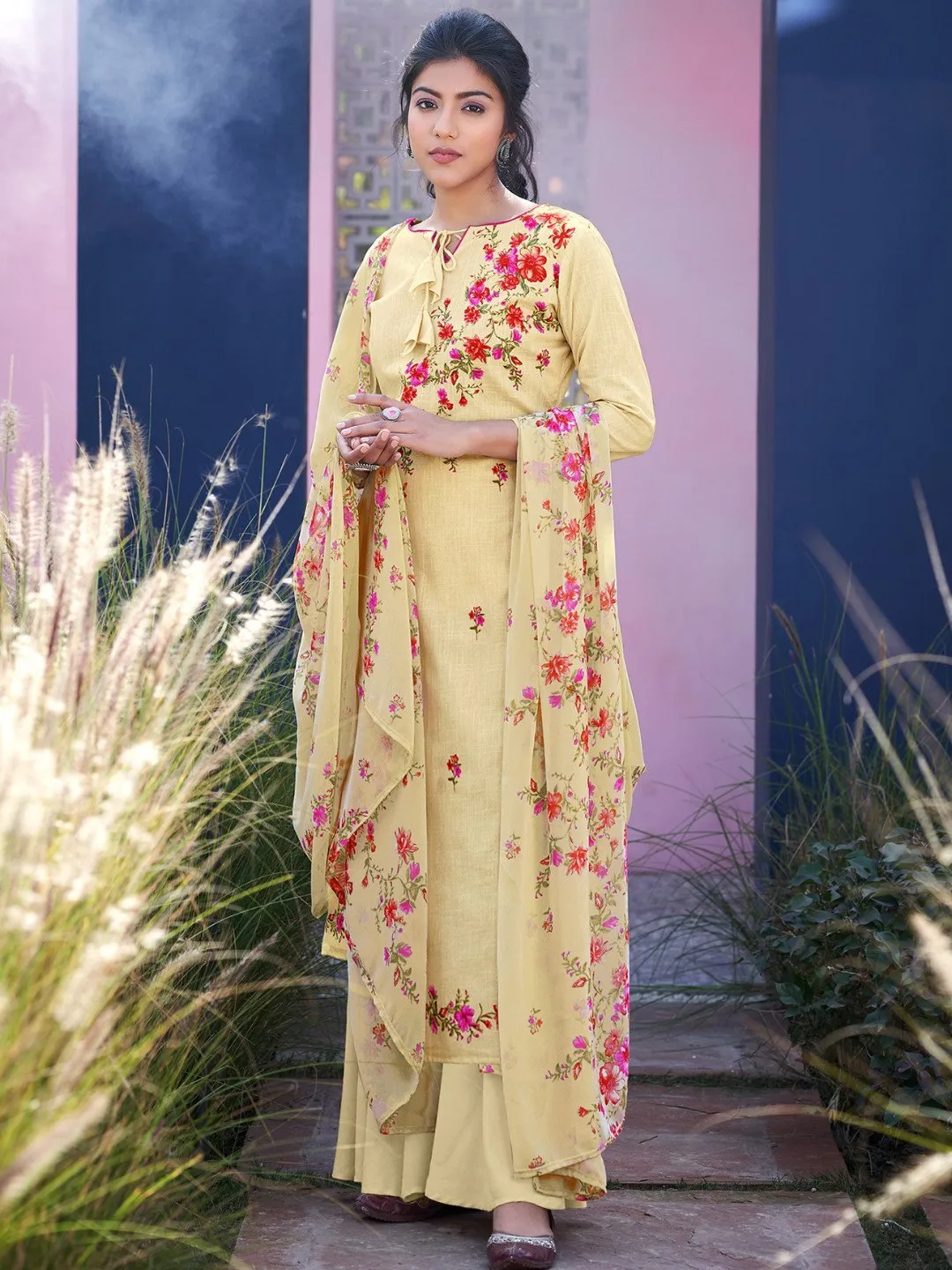 Unstitched Beige Cotton Salwar Kameez Material with Dupatta