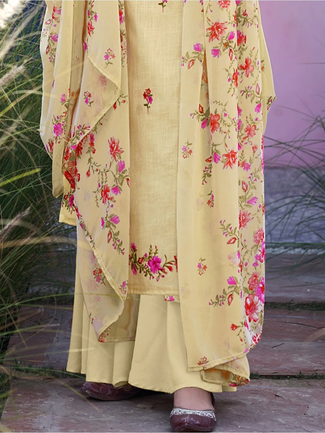 Unstitched Beige Cotton Salwar Kameez Material with Dupatta