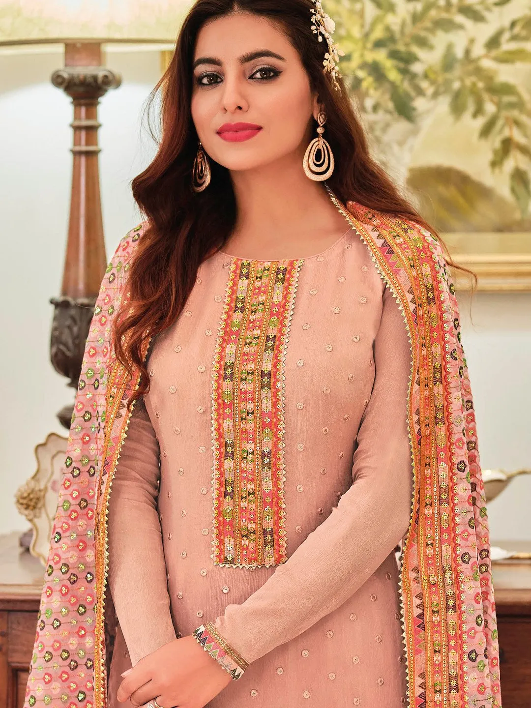 Unstitched Chinon Pakistani Salwar Suit Set With Embroidery Work