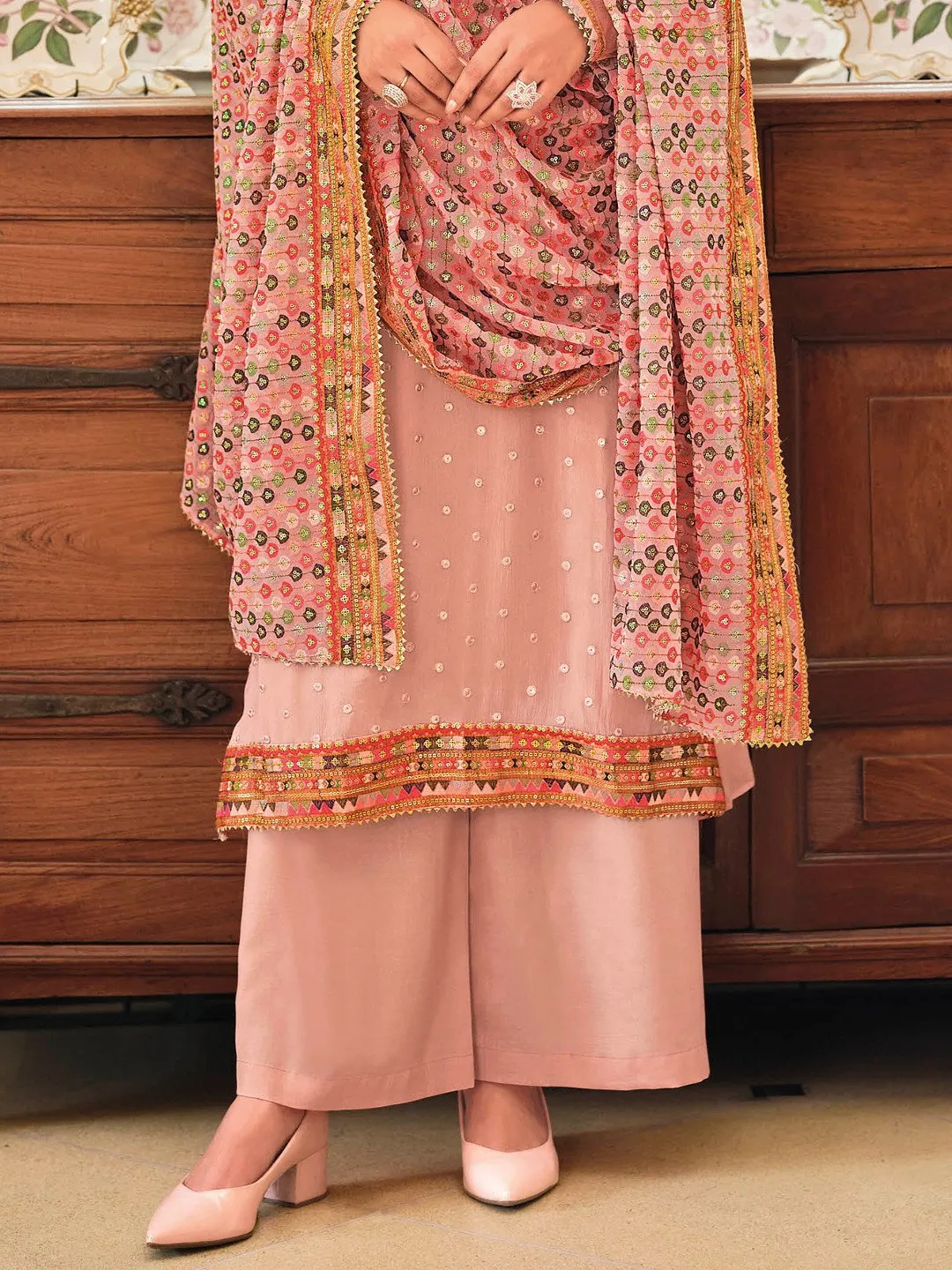 Unstitched Chinon Pakistani Salwar Suit Set With Embroidery Work