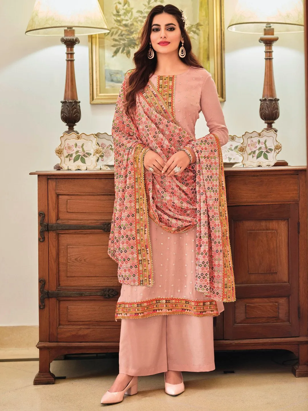 Unstitched Chinon Pakistani Salwar Suit Set With Embroidery Work