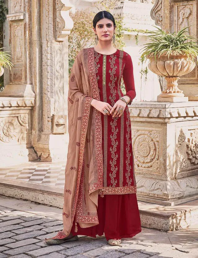 Unstitched Chinon With Heavy Embroidery Work Maroon Salwar Suit Material