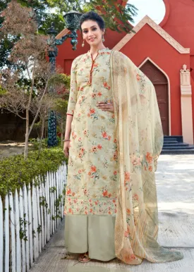 Unstitched Floral Printed Ladies Light Green Cotton suits with dupatta