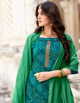 Unstitched Green Foil Print With Kasab Embroidery Palazzo Style Suit Material