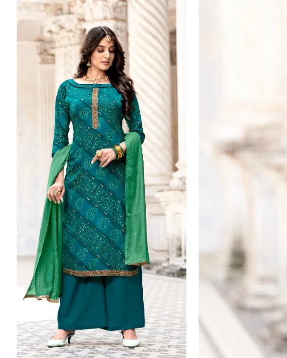 Unstitched Green Foil Print With Kasab Embroidery Palazzo Style Suit Material