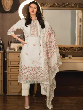 Unstitched Off-White Cotton Printed Suit Dress Material for Women