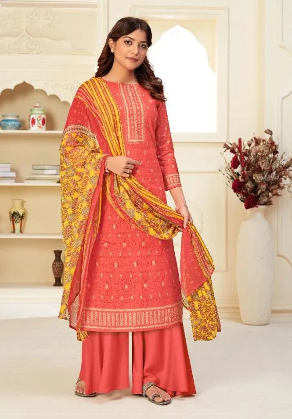 Unstitched Orange Salwar Suits Material with Chiffon Dupatta for Woman