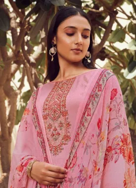 Unstitched Pink Cotton Satin Salwar Suit Material with Chiffon Dupatta