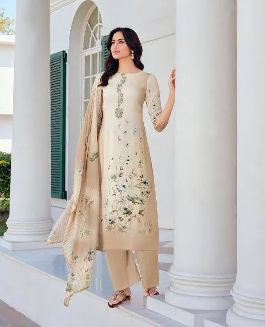 Unstitched Printed Embroidery Off-white salwar suit Dress Material