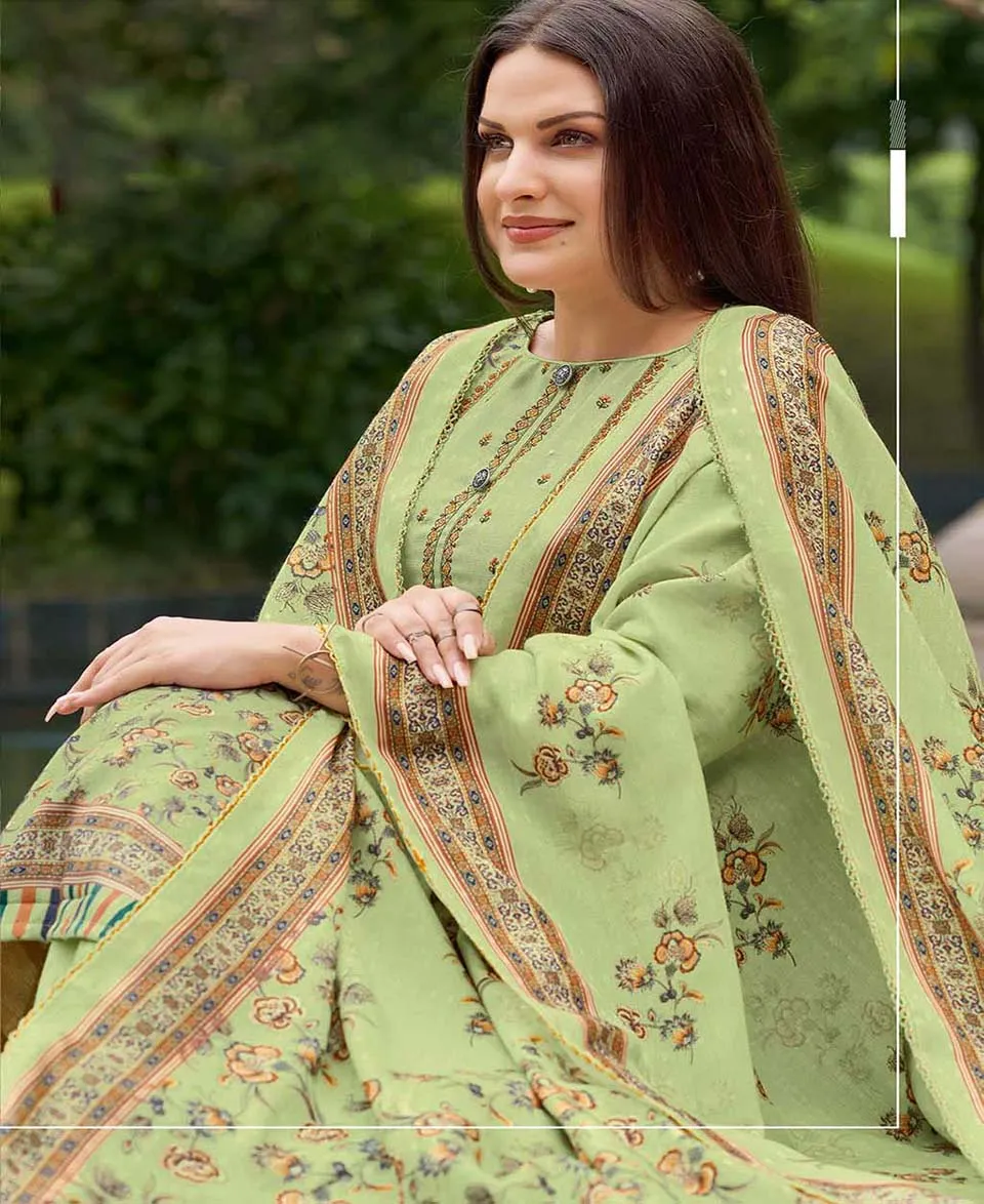 Unstitched Printed Women Green Cotton Suits with Embroidery