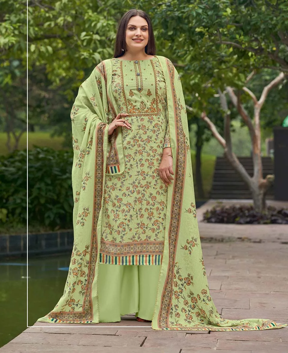 Unstitched Printed Women Green Cotton Suits with Embroidery