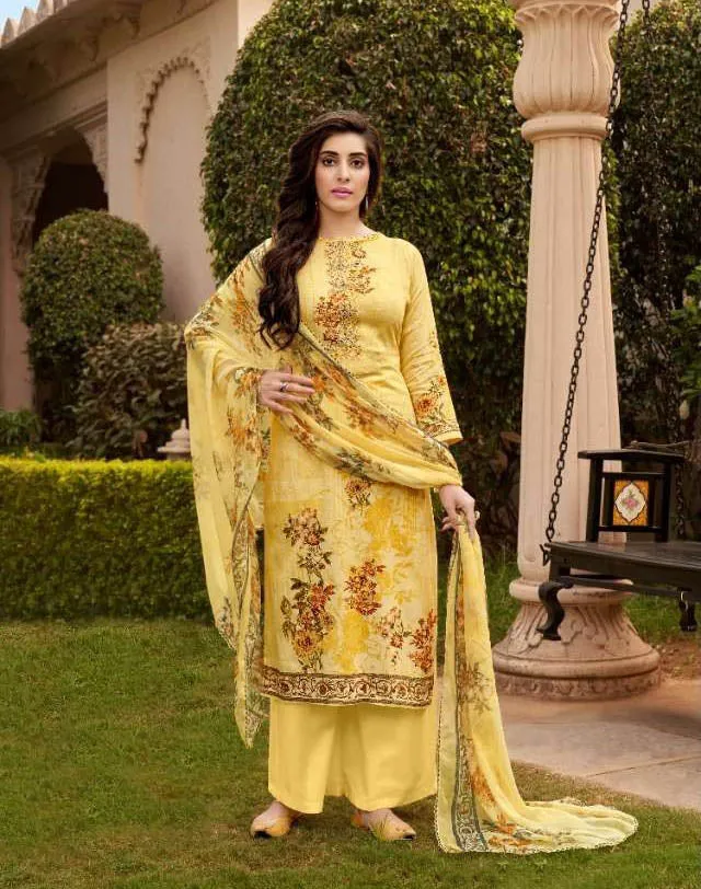 Unstitched Punjabi Ladies cotton Salwar Suit Fabric With Yellow Dupatta