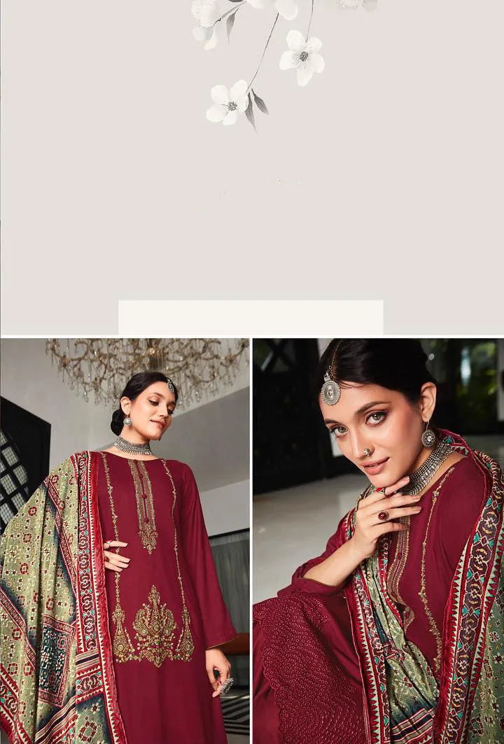 Unstitched Pure Staple Pashmina Embroidered Maroon Winter Suits with Velvet Dupatta