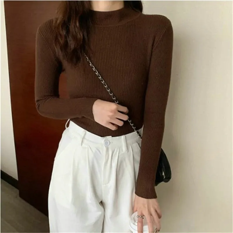 Women Winter Fashion Pullover Simple Half Turtleneck Sweaters Warm Basic Top Casual Elastic Jumpers Knit Slim Basic Sweater