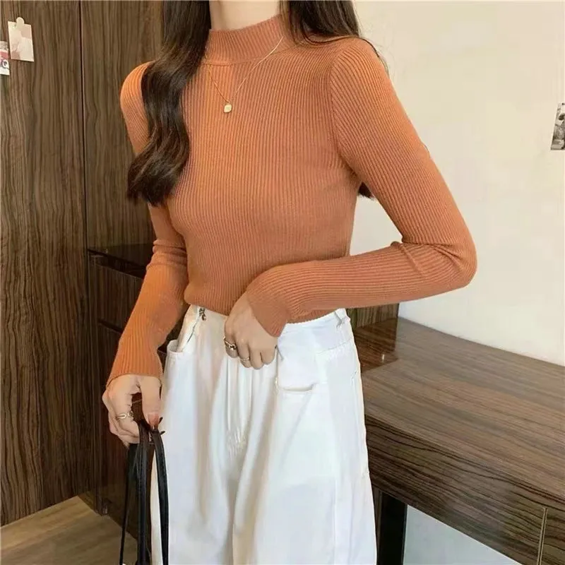 Women Winter Fashion Pullover Simple Half Turtleneck Sweaters Warm Basic Top Casual Elastic Jumpers Knit Slim Basic Sweater