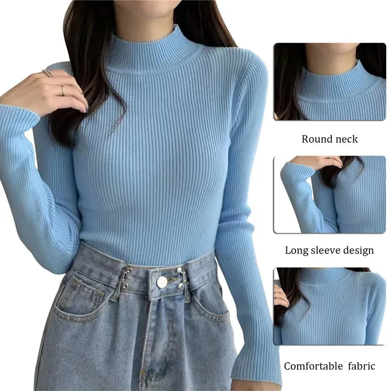 Women Winter Fashion Pullover Simple Half Turtleneck Sweaters Warm Basic Top Casual Elastic Jumpers Knit Slim Basic Sweater