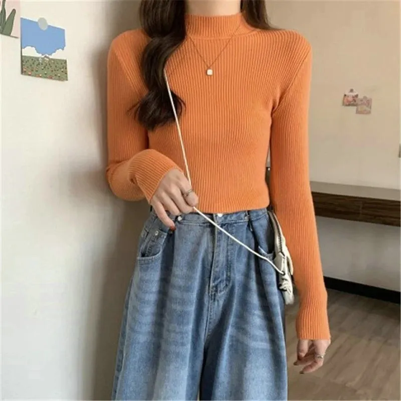 Women Winter Fashion Pullover Simple Half Turtleneck Sweaters Warm Basic Top Casual Elastic Jumpers Knit Slim Basic Sweater