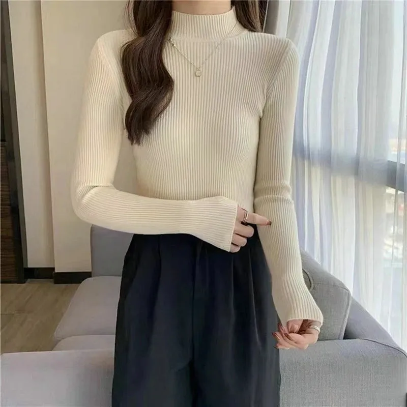 Women Winter Fashion Pullover Simple Half Turtleneck Sweaters Warm Basic Top Casual Elastic Jumpers Knit Slim Basic Sweater