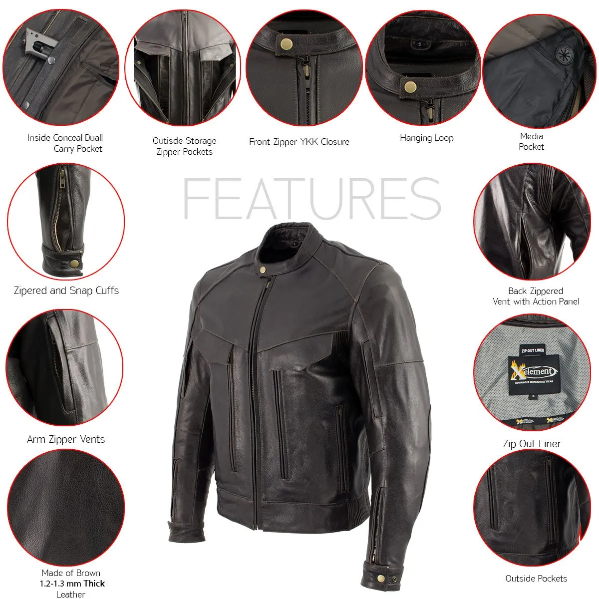 Xelement B7496 'Bandit' Men's Retro Distressed Brown Leather Jacket with X-Armor Protection